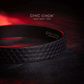 chicchok, black collar, white lock, python leather details for a luxurious style.