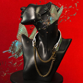chicchok breathless choker featuring a white textured design with iridescent scales that reflect vibrant rainbow colors