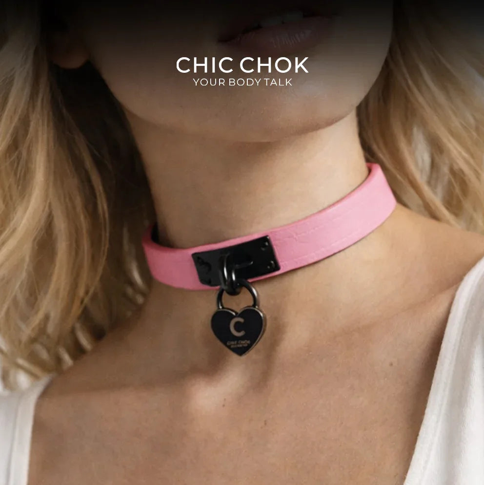 CHICCHOK [Lil Greedy] Fashion Necklace - Women's Pink And Black Adjustable Leather Choker With Front-Closure - CHICCHOK - Choker, collar - Choker