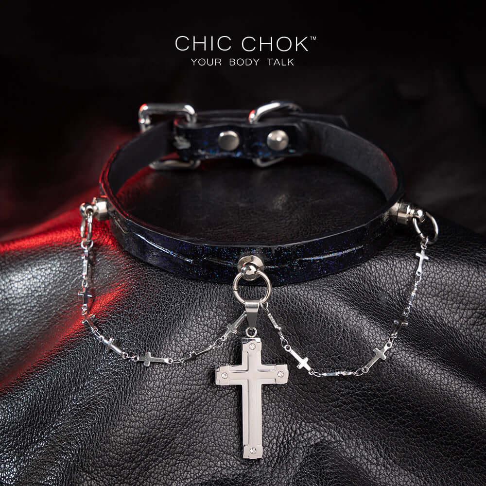 CHICCHOK [Morticia] - Shimmering Alligator Goth Cross Style Fashion Adjustable Choker - CHICCHOK - Choker