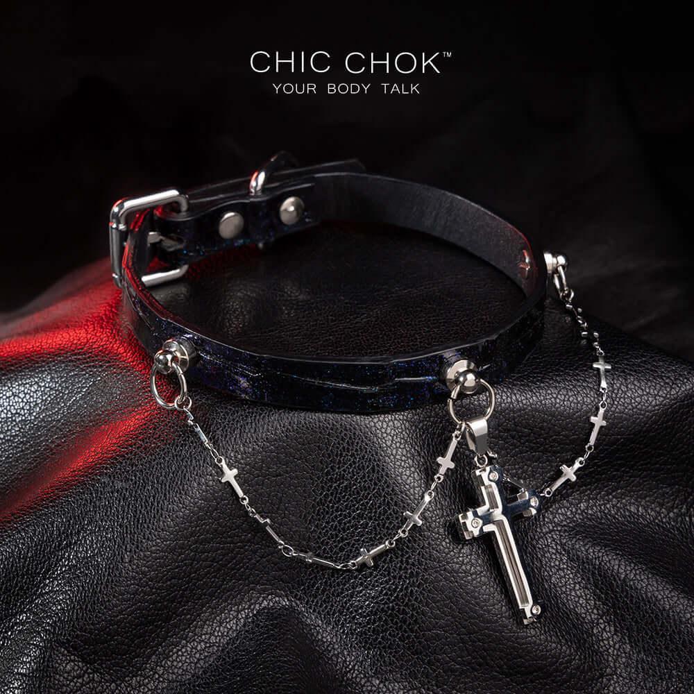 CHICCHOK [Morticia] - Shimmering Alligator Goth Cross Style Fashion Adjustable Choker - CHICCHOK - Choker