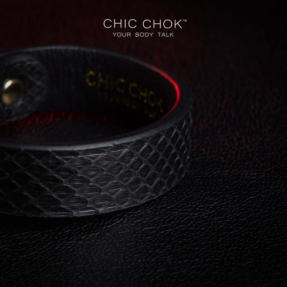 chicchok [Silvana] black snake pattern bracelet, paired with luxurious gold chain and hardware details, noble and individual design style, modern fashion accessories.
