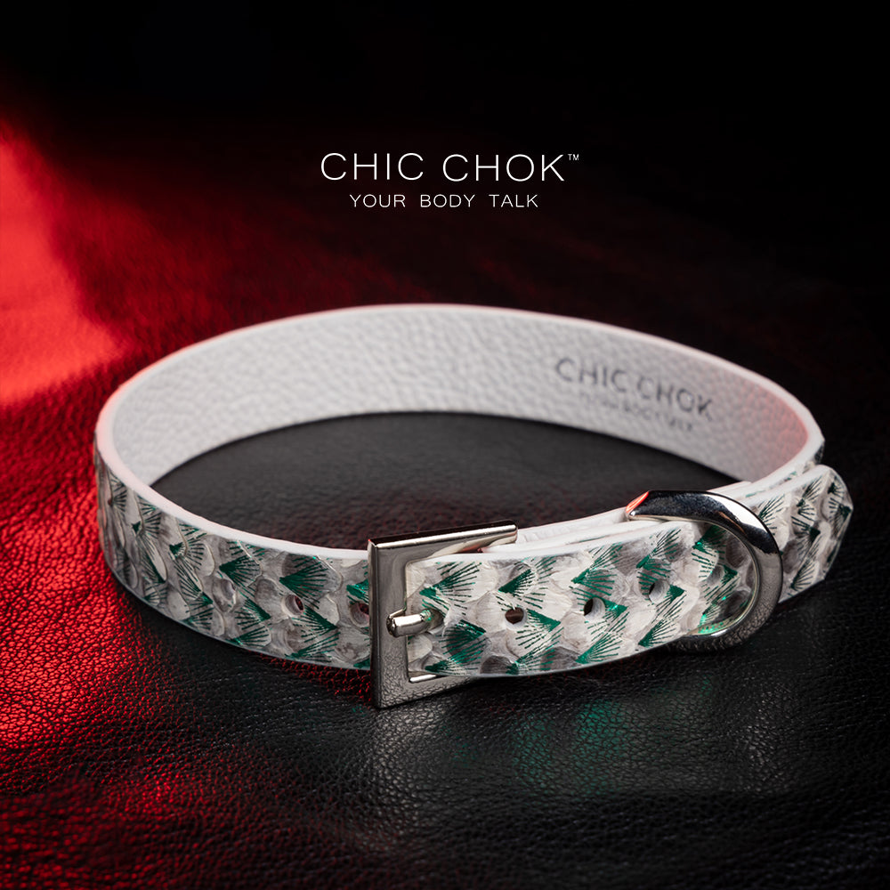 chicchok springRain collar Laser green mixed with silver, based on white python hide, simple belt clasp in the back, plain looking emphasizes the original beauty of the skin,