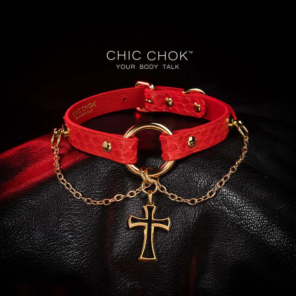 CHICCHOK [Temptation] - Hot Red Python Hide Cross and Chains Adjustable Fashion Choker - CHICCHOK - Choker