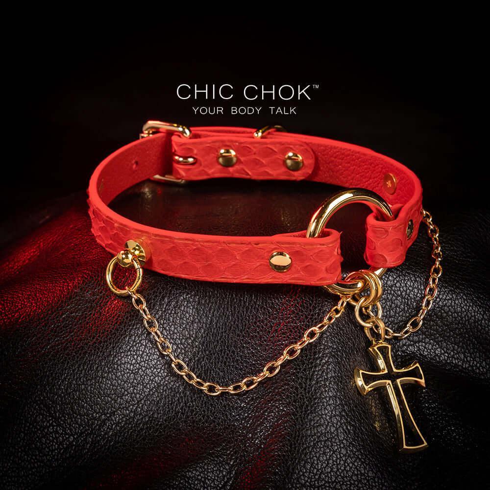 CHICCHOK [Temptation] - Hot Red Python Hide Cross and Chains Adjustable Fashion Choker - CHICCHOK - Choker