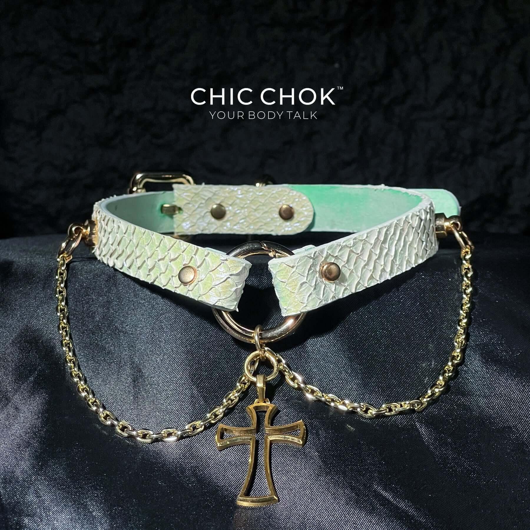 CHICCHOK [Teresa] - Shiny White Salmon Hide Cross and Chains Adjustable Fashion Choker - CHICCHOK - Choker