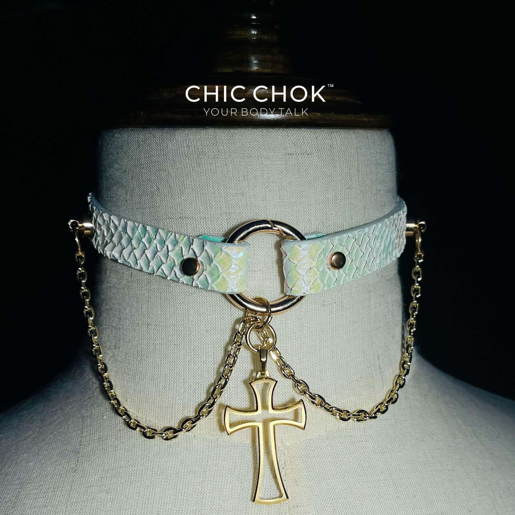 CHICCHOK [Teresa] - Shiny White Salmon Hide Cross and Chains Adjustable Fashion Choker - CHICCHOK - Choker