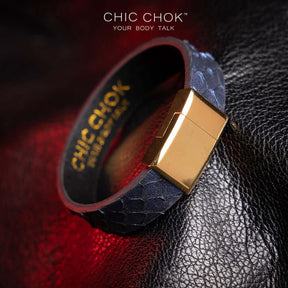 chicchok Tipsy Bracelet Genuine cowhide leather bracelet with snakeskin texture and gold Kelly buckle