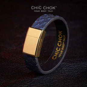 chicchok Tipsy Bracelet Genuine cowhide leather bracelet with snakeskin texture and gold Kelly buckle